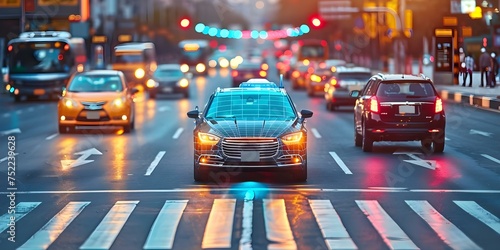 Selfdriving cars navigating urban streets communicating and sharing sensors data effectively. Concept Self-driving Cars, Urban Navigation, Sensor Data Sharing, Autonomous Vehicles