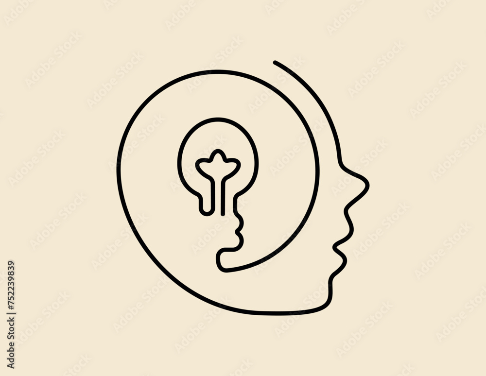 Light bulb inside a human head. Line art symbol person portrait, profile with electric lamp. Creativity concept, ideas, graphic element for icon design, logo, brand sign. Vector illustration. Light bulb inside a human head. Line art symbol person portrait, profile with electric lamp. Creativity concept, ideas, graphic element for icon design, logo, brand sign. Vector illustration.