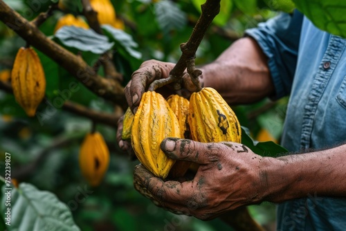 man in a cocoa plantation picking a chocolate sample. generative ai