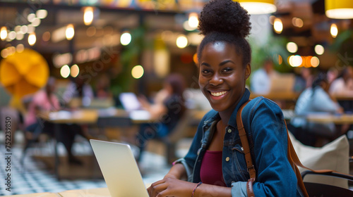 Young african american woman using laptop in a coffee shop. AI.