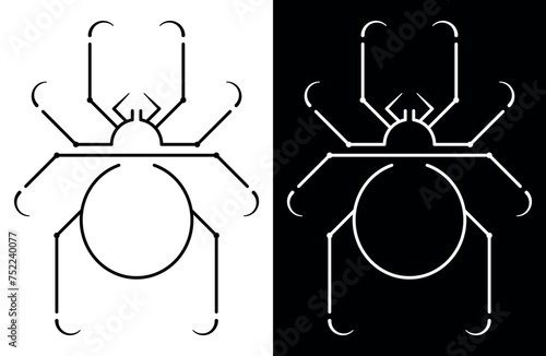 Mechanical spider stylized. Dangerous insect from lines. Graphic element for design of symbol, icon, brand sign, logo. Isolated spider, beetle in technical style. Black and white vector illustration.