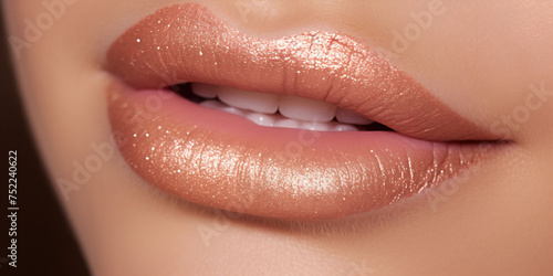 A close up of luscious lips in a natural peach shade, with a slight shimmer that suggests elegance. Ideal for beauty and cosmetic campaigns