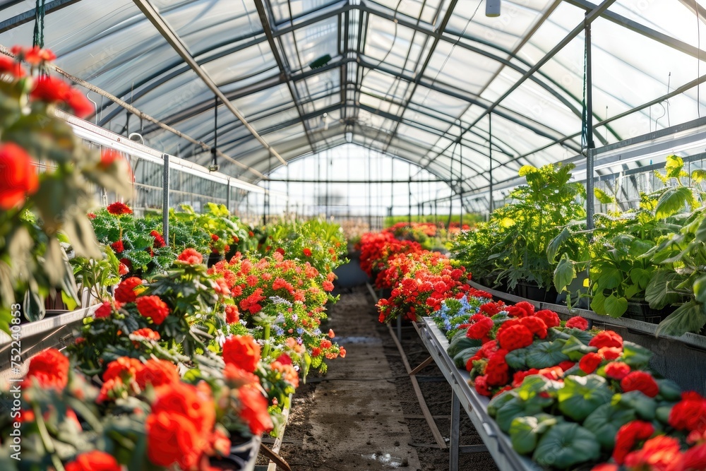 Large glass greenhouse with red flowers indoor and cultivation plants. Large glass greenhouse with red flowers indoor and cultivation plants.