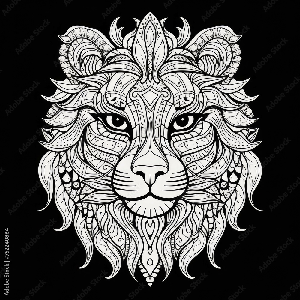 Lion cat Mandala Style Illustration, black and white Lion cat Mandala Style Illustration, black and white