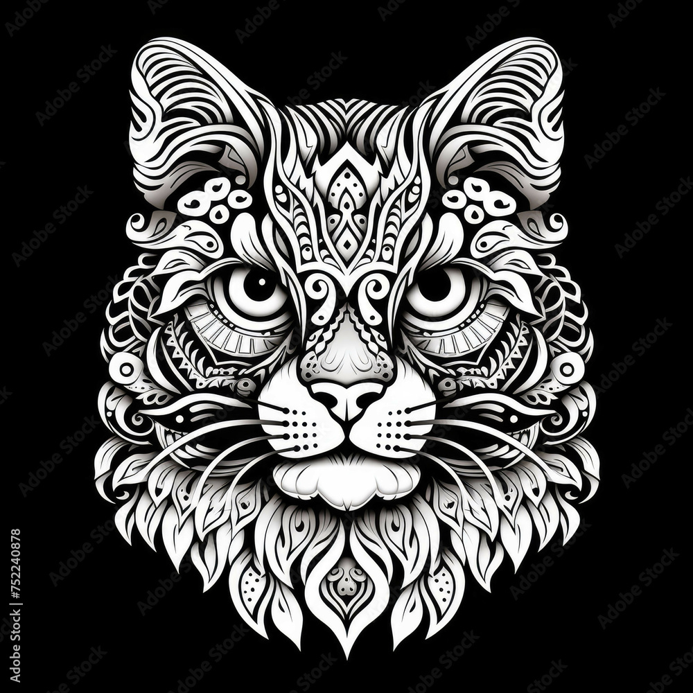Tiger cat Mandala Style Illustration, black and white