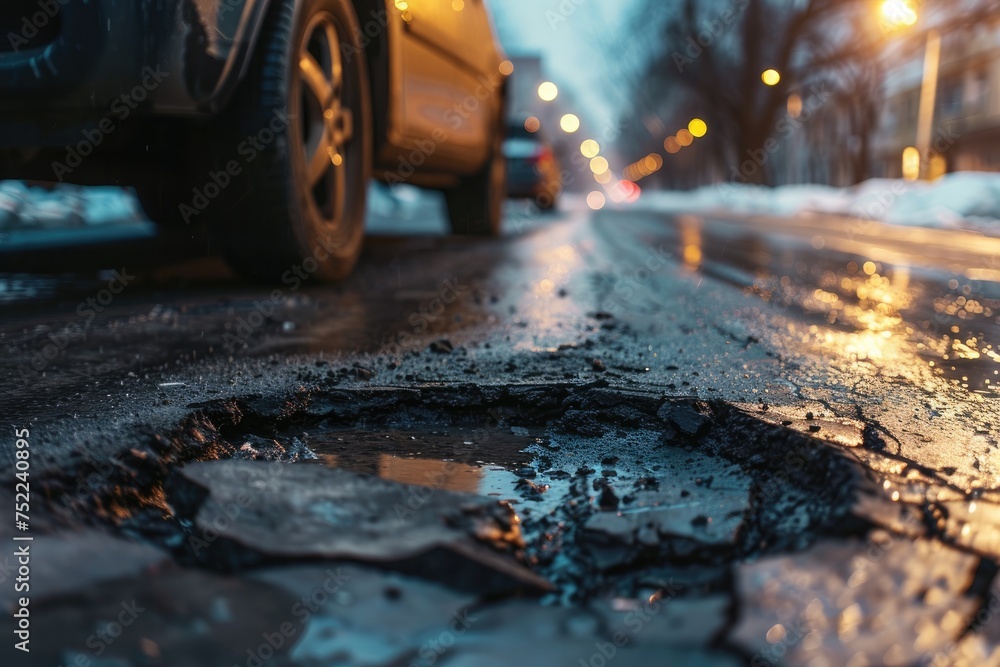 Old damaged asphalt pavement road with potholes in city. Car stopped near pothole Old damaged asphalt pavement road with potholes in city. Car stopped near pothole