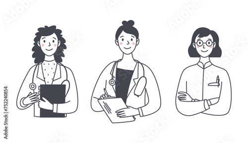 Set of smiling friendly female medics. Portraits of medical workers. Medicine. Doctor with a stethoscope. Isolated vector doodle illustration