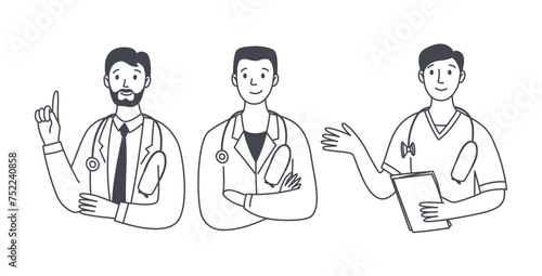 Set of smiling friendly male medics. Portraits of medical workers. Medicine. Doctor with a stethoscope. Isolated vector doodle illustration
