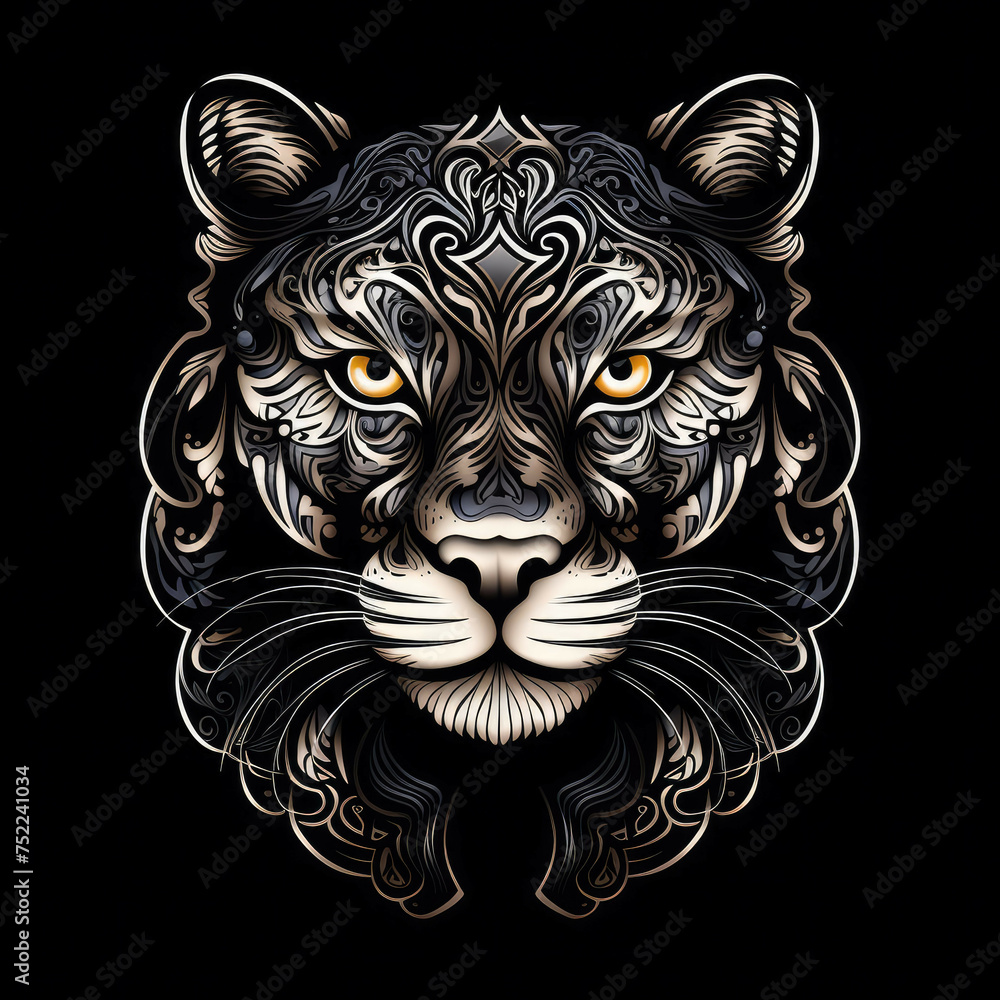 Black panther Mandala Style Illustration, black and white