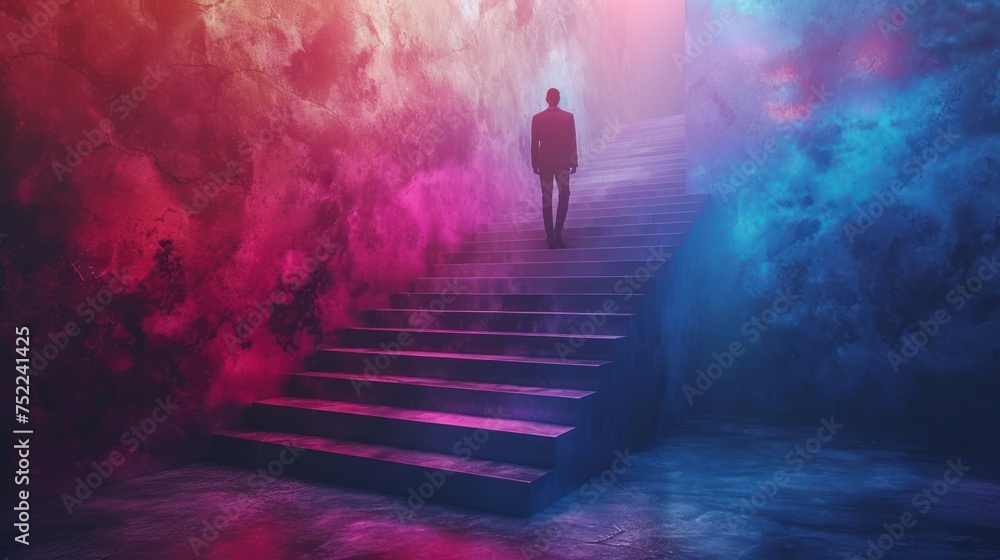 man rising stairs to try to reach the top - obrazy, fototapety, plakaty 