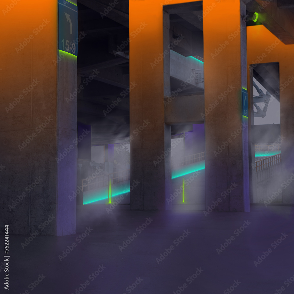 Poster, Contemporary art collage. Underpass with structural columns lit by orange and blue neon lights, creating moody urban atmosphere. Urban street style. Futurism, innovation, digital age concept Poster, Contemporary art collage. Underpass with structural columns lit by orange and blue neon lights, creating moody urban atmosphere. Urban street style. Futurism, innovation, digital age concept