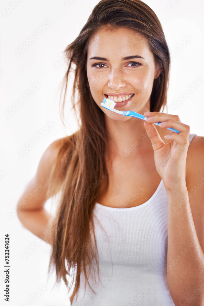 Smile, health and portrait of woman with toothbrush for dental, wellness and clean routine for hygiene. Oral care, happy and young female person with toothpaste for dentistry teeth or mouth treatment Smile, health and portrait of woman with toothbrush for dental, wellness and clean routine for hygiene. Oral care, happy and young female person with toothpaste for dentistry teeth or mouth treatment