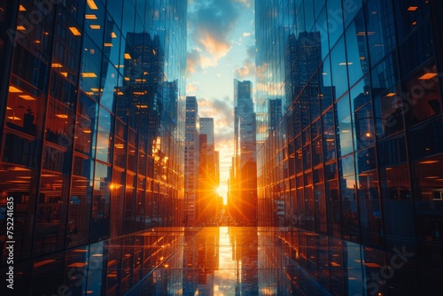 A dramatic sunset viewed between high-rise buildings with stunning reflections and vibrant sky colors