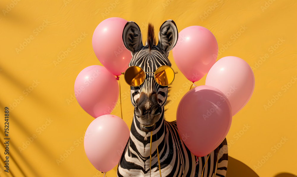 Obraz premium Funny zebra with glasses birthday card with balloons all around on a vibrant yellow background.