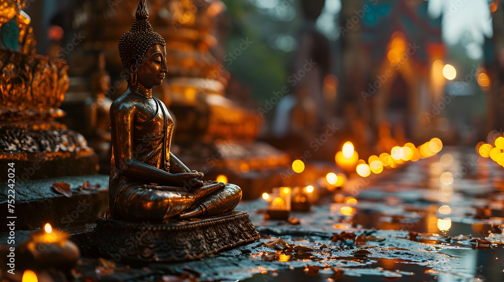Buddha statue with candle light,Asahna Bucha Day, Buddha statue amidst candles and flowers,A statue of Buddha and a water lotus stands near flowers - obrazy, fototapety, plakaty 