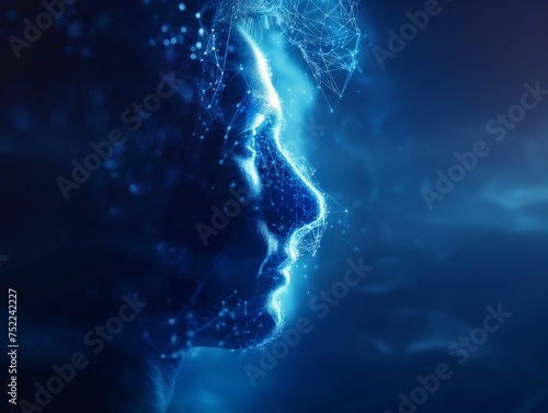 Side view of a human head outline glowing with digital network connections on a dark blue background. © cherezoff