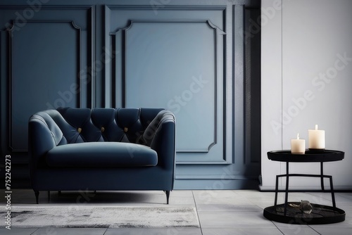 Living Room Interior with Brown Leather Sofa and White Leaf Wall Art