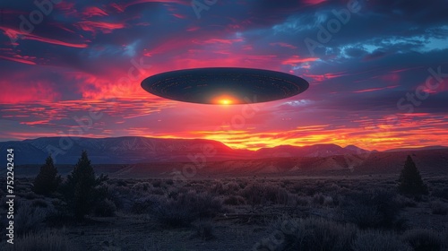Alien Flying Over Mountain at Sunset © olegganko