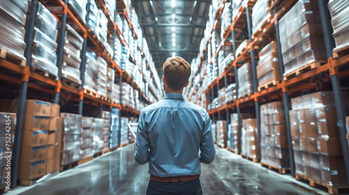 A man in a logistics warehouse looking down the aisles, viewed from behind by the camera.