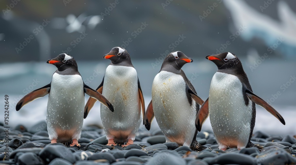 Obraz premium Group of Penguins Standing on Rocky Beach