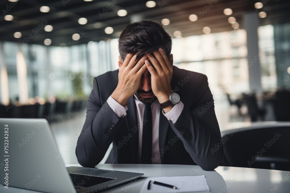 Tired businessman holding his head in hands. Tired businessman holding his head in hands.