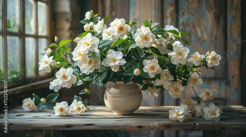 Fleurs de gard  nias en int  rieur dans un vase sur une table en bois