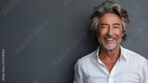 Smiling senior man with white hair and a beard, posing in a casual white shirt on a grey background.
