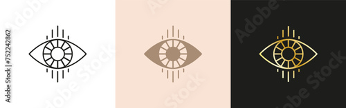 Evil eye icon set. Linear and gold mystic sight	 photo