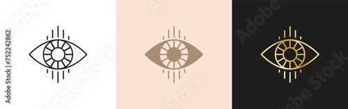 Evil eye icon set. Linear and gold mystic sight	