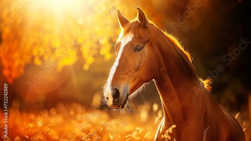 A majestic brown horse in a field during a stunning golden hour sunset. © tashechka