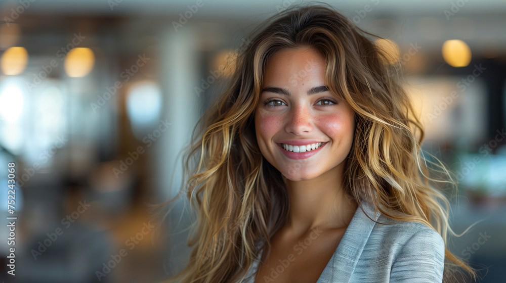 Smiling beautiful elegant businesswoman standing at lobby in a modern business office tower.