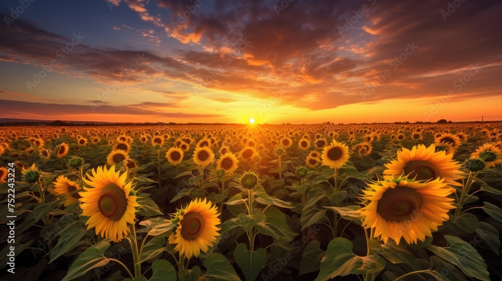 Beautiful panoramic view of the sunflower field in the rays of the setting sun. Yellow sunflower close-up. Beautiful summer landscape with sunset and blooming meadow, the concept of a rich harvest.