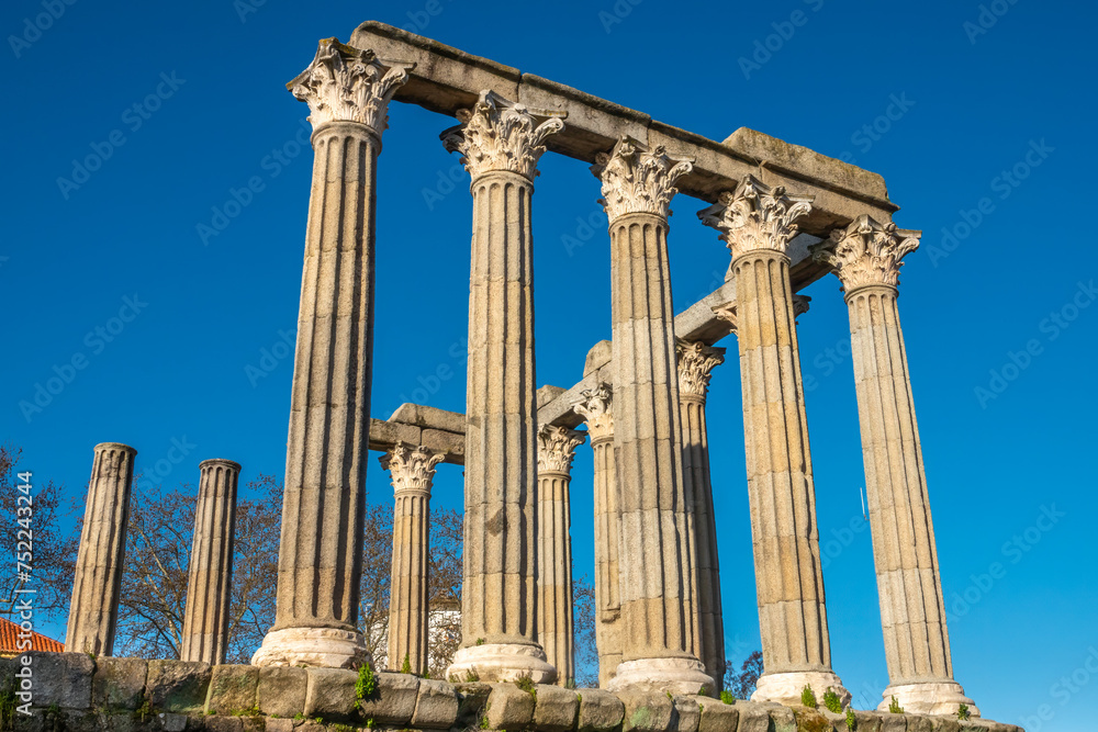 Ruins of the Roman Temple, 1st century AD, Evora, Alentejo, Portugal. One of the best preserved roman temples in the Iberian Peninsula and a UNESCO World Heritage site.