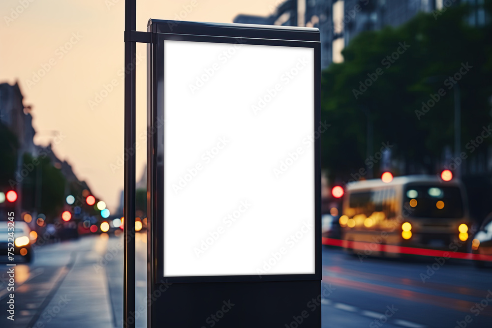 Blank white mock up of vertical light box. Billboard design. Copy space, add text, brand or logo. Ai Generative