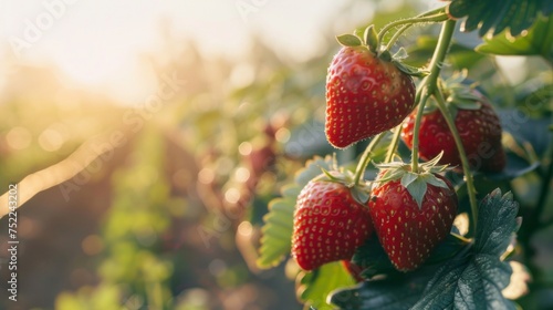 Fresh ripe strawberries on the plant  glistening in the golden hour sunlight.