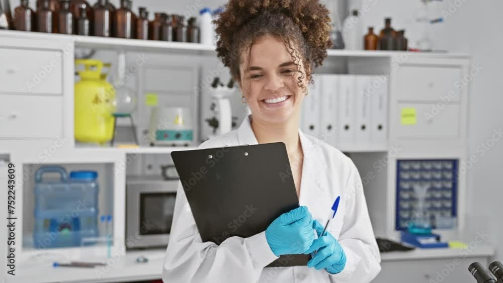 A cheerful hispanic woman with curly hair wearing lab coat and gloves, holds clipboard in a laboratory setting. A cheerful hispanic woman with curly hair wearing lab coat and gloves, holds clipboard in a laboratory setting.