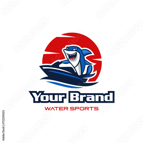happy Shark dolphin fish riding jetski for waves riding  water sport logo design