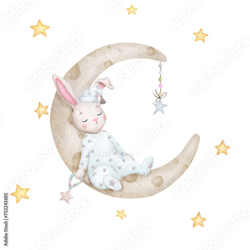 Cute bunny sleeping on the moon. Children's illustration. Hand drawn watercolor. Baby shower, birthday, children's party. Clipart for print, invitation, poster, greeting card, postcard,  logos, etc.
