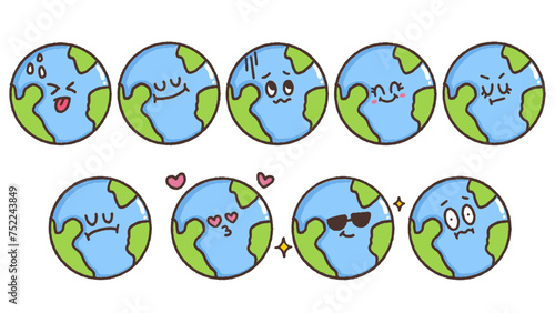 Cute adorable Earth cartoon character, vector set