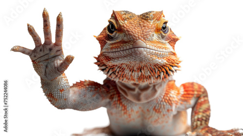 Vivid image of a bearded dragon raising its claw, with intricate scales and expressions on display photo