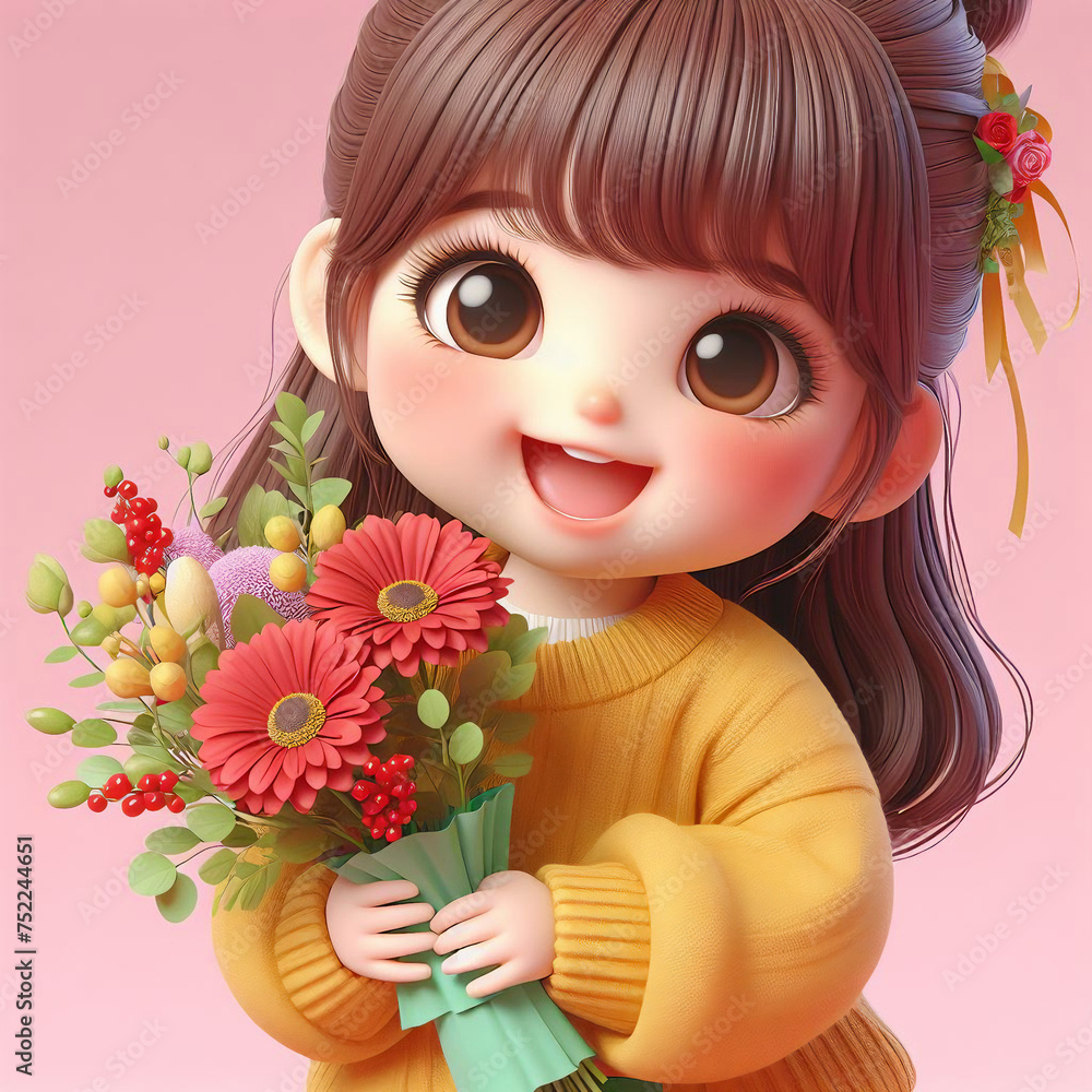 A cute and lovely young girl is holding a bouquet of flowers and smiling brightly in celebration of Mother's Day. A cute and lovely young girl is holding a bouquet of flowers and smiling brightly in celebration of Mother's Day.