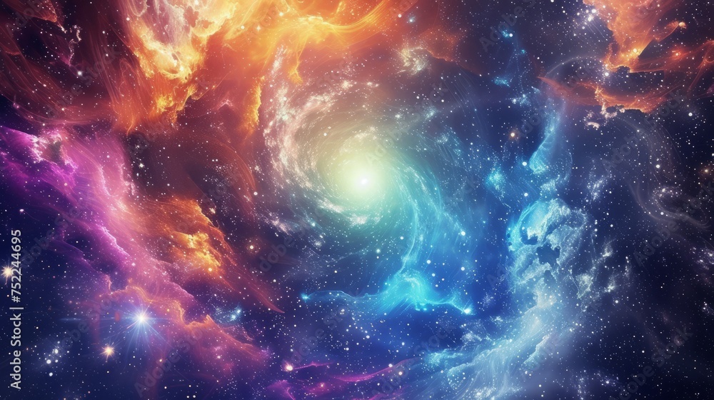 A journey through space and time. A background illustrating the vastness of space with swirling galaxies, twinkling stars, and cosmic phenomena.