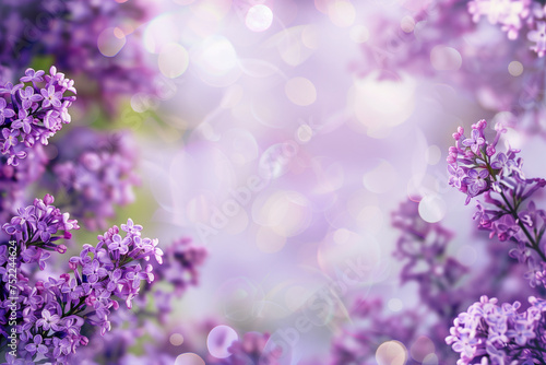 Lilac flower frame background on pastel background with bokeh