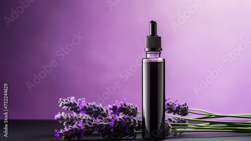A blank black dropper bottle with sprig of lavender flowers, set against a purple background and a copy-space. Concept: mockup for natural products, essential oils, or herbal remedies