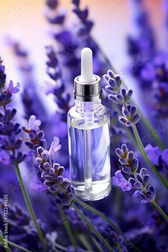 A small transparent dropper bottle against a backdrop of lavender flowers  offering a mockup for showcasing natural products  essential oils  or herbal remedies