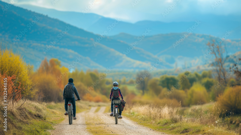 Two cyclists riding on a country road amidst a picturesque landscape of greenery and hills. Active lifestyle concept.