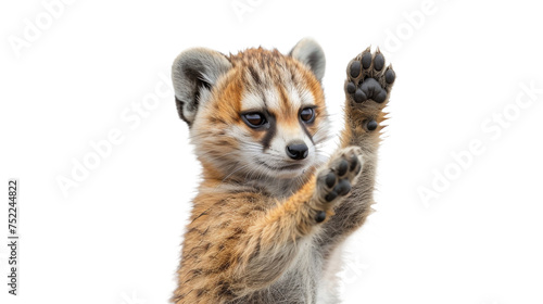 Captivating photo of a meerkat standing on its hind legs and raising a paw, expertly isolated on a white background © Daniel