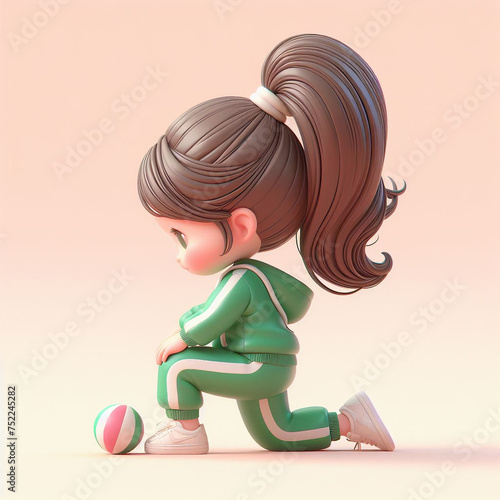 The young girl, with her hair tied up high, is wearing a green tracksuit and is currently doing simple calisthenics barehanded. photo