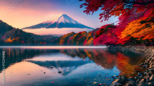 Colorful Autumn Season and Mountain Fuji with morning fog and red leaves at lake