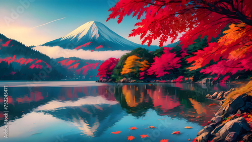Colorful Autumn Season and Mountain Fuji with morning fog and red leaves at lake photo